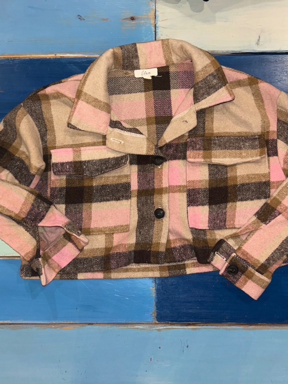 ELAN Pink Brown Plaid Cropped Shacket Jacket Women’s Small